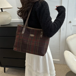 Vintage red and green plaid tweed tote bag with premium leather handles and metal logo