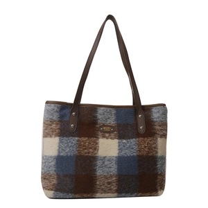 Winter plaid wool tote bag with brown leather handles and silver rivet accents