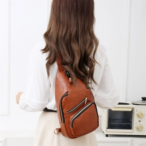 Brown PU leather sling bag for women with multi-zipper layers and retro design