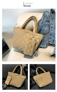 Detailed look at the khaki quilted tote bag and matching mini pouch set in 2023 design