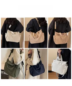 Collage of corduroy tote bags in multiple colors showing crossbody and handheld styles