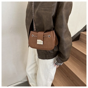 Brown crocodile pattern PU leather shoulder bag with silver chain strap and metal lock