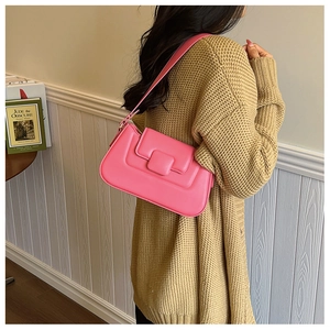 Pink PU leather shoulder bag with a rectangular design and a square decorative buckle