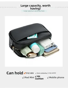 Detail of black pebbled leather crossbody bag showing its large capacity for iPad and essentials