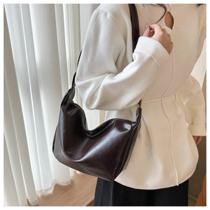 Deep brown PU leather Hobo shoulder bag with soft structure and vintage minimalist design