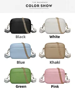 Close-up of stylish PU leather camera bags in six colors with decorative wide straps