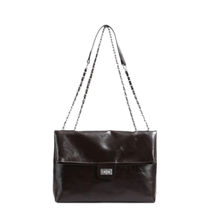Minimalist dark brown polished PU leather shoulder bag with silver metal chain strap