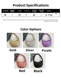 Size chart showing dimensions and PU material for the metallic quilted shoulder bag