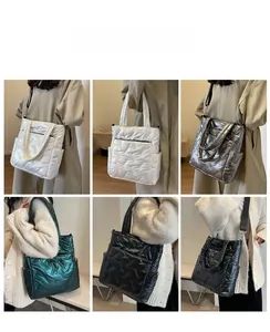Quilted puffer tote bags in four colors shown with handheld and crossbody styling