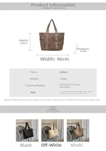 Detailed size chart for large quilted tote bag with dimensions and capacity specs