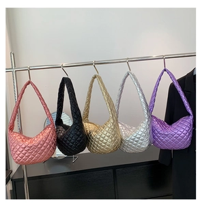 Quilted cloud shoulder bags in pink, black, gold, silver, and purple metallic colors