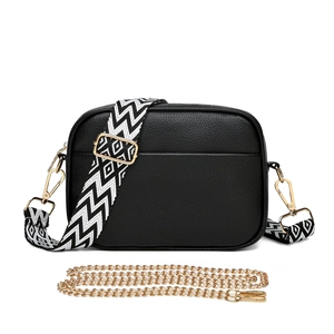 Chic black litchi pattern camera bag with patterned wide strap and gold chain