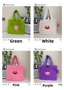 Sacs cabas en peluche vert, blanc, rose et violet avec broderie de monstre