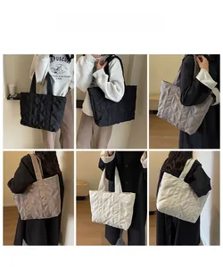 Detailed views of high-capacity quilted tote bags in black, taupe, and beige colors