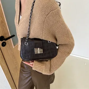 Minimalist dark brown crocodile texture PU leather shoulder bag with silver metal buckle