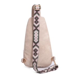 Detail of light beige PU leather chest bag with a geometric pattern woven strap