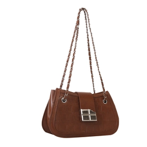 Elegant brown crocodile pattern handbag with silver chain strap on white background