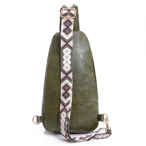Detailed view of olive green PU leather crossbody bag with ethnic geometric wide strap