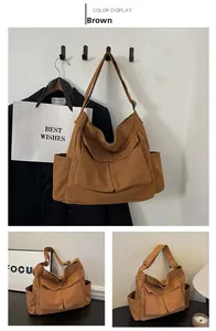 Detail view of brown canvas crossbody bag featuring multiple pockets and adjustable strap