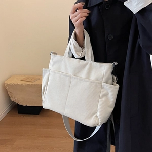 Women Corduroy Shoulder Bag Multi-Pocket Large Capacity Crossbody Tote Bag Solid Color Casual Commuting Adjustable Strap Handbag