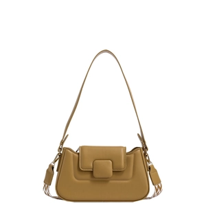 Minimalist ginger PU leather handbag with wide geometric pattern shoulder strap