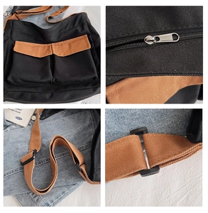 Detail view of canvas crossbody bag with contrast utility pockets and adjustable strap