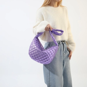 Chic purple quilted crescent moon shoulder bag with stylish metallic PU leather finish