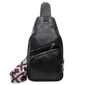 Elegante borsa a tracolla in pelle PU nera con ampia tracolla intrecciata a motivi geometrici