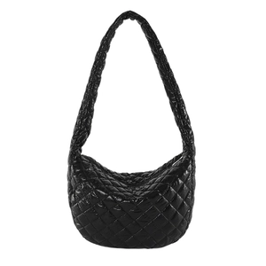 Fashionable black quilted hobo bag with puffer cloud texture and wide shoulder strap