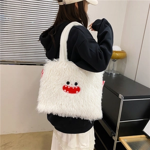 Sac Fourre-Tout en Peluche Mignon pour Femmes avec Broderie Monstre Fausse Fourrure Grande Capacité Sac à Bandoulière Hiver Doux