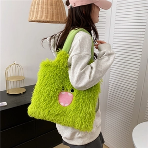 Sac à main en peluche vert émeraude avec broderie de monstre pour la mode hivernale