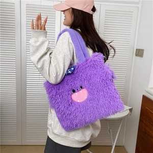 Sac fourre-tout en peluche violette avec broderie monstre pour femmes style hiver