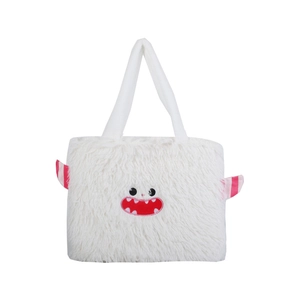 Sac fourre-tout en peluche blanche avec broderie monstre et oreilles rayées roses