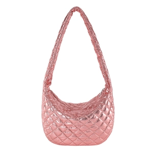 Chic metallic pink quilted cloud clutch bag with elegant diamond stitching and silver zipper
