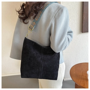 Women Suede Hobo Shoulder Bag With Retro Ethnic Embroidered Wide Strap Vintage Minimalist Large Capacity Crossbody Bag