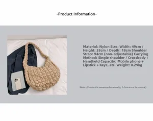 Detailed size parameters of khaki cloud bag with 49x33x18cm quilted nylon design