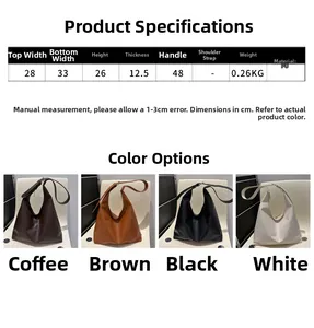 Detailed sizing chart and color display for minimalist PU leather shoulder tote bag