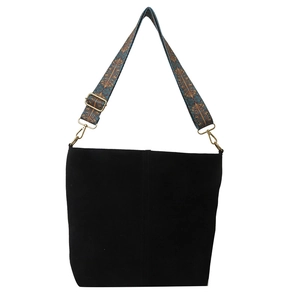 Minimalist black suede crossbody bag with a wide bohemian jacquard woven strap