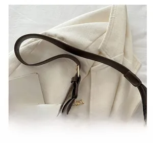 Detail of dark brown leather handbag featuring adjustable strap and golden metal buckle