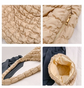 Detail shots of beige cloud quilted bag featuring soft texture, zipper, and spacious interior