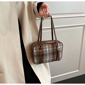 Retro plaid wool shoulder bag with brown leather straps and metal buckles for women