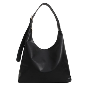 Minimalist black Hobo shoulder bag in shiny PU leather with adjustable gold hardware