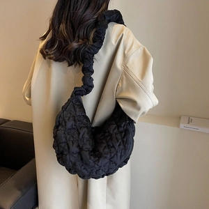 Chic black quilted cloud shoulder bag for women with puffy straps and ruched nylon texture