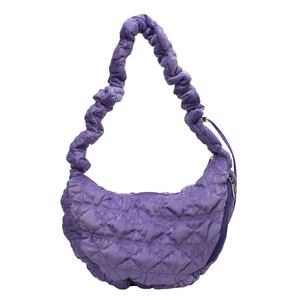 Purple quilted velvet crescent shoulder bag with pleated cloud strap for women
