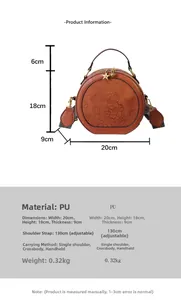 Detailed size specifications for the embossed PU leather circular handbag with dimensions