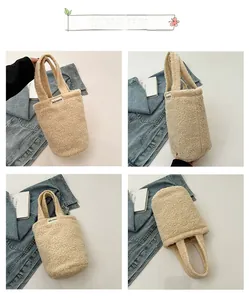 Detailed views of the cream fleece bucket bag with plush texture and woven logo tag
