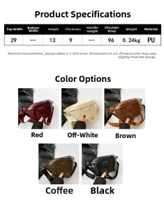 Detailed size chart and specifications for the stylish PU leather handbag in five colors