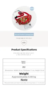 Detailed size specifications and red nylon crossbody bag with dragon floral print