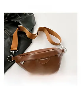 Detailed macro view of the brown PU leather chest bag with decorative zipper and wide strap