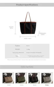 Detail view of large nylon tote bags with size chart and multiple color options